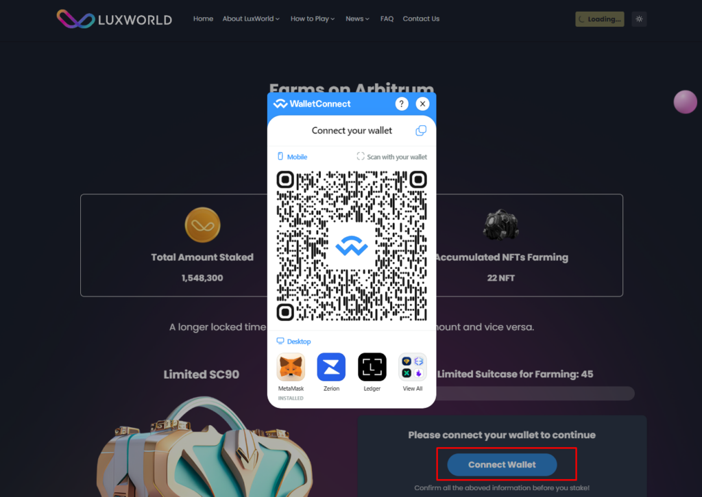 LuxWorld: Connect Wallet to Stake LUX to farm NFT